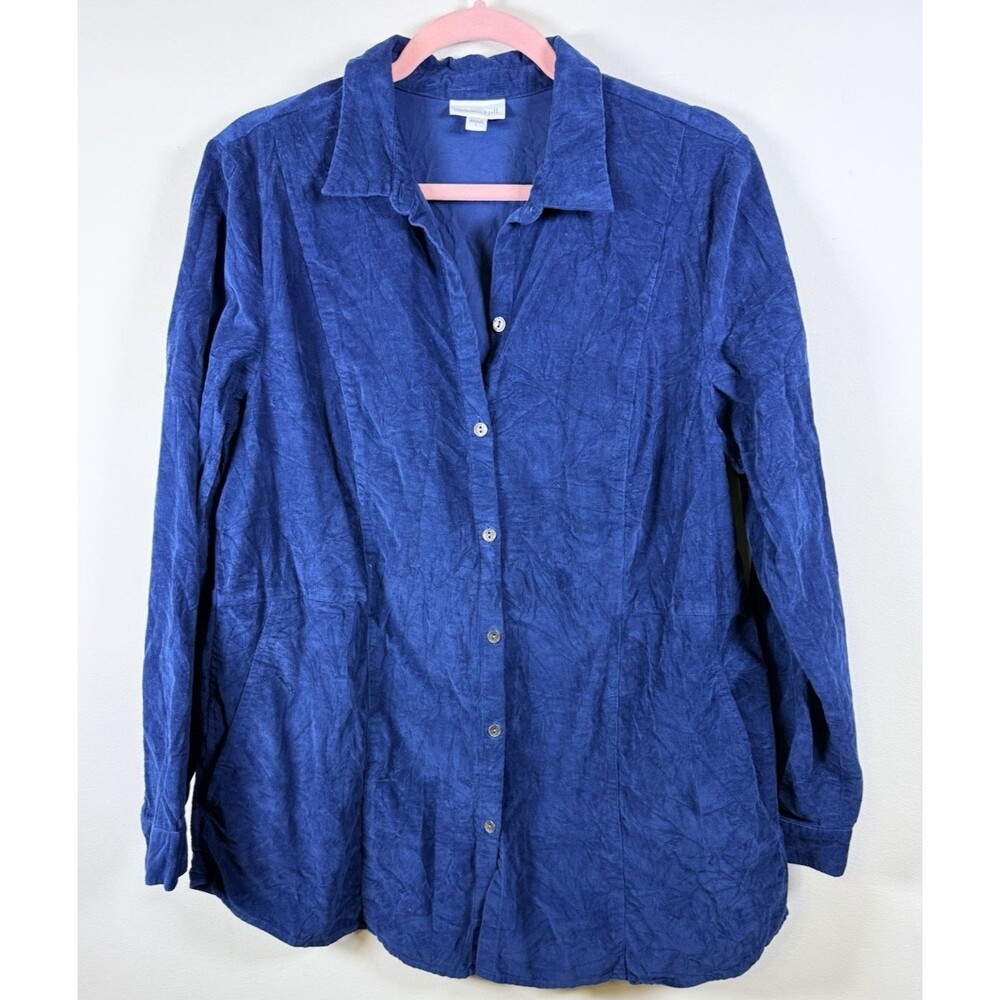 J.Jill Womens Blue Corduroy Collared Long Sleeve Button-Up Shirt with Pockets L